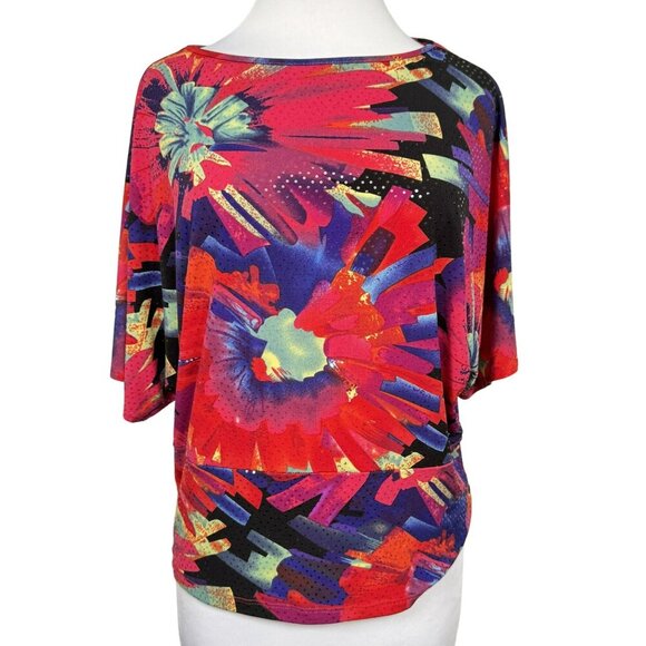 Clara Sun Woo Colorful Slinky Bold Abstract Floral Dolman Sleeve Top Sz M USA - Picture 1 of 8
